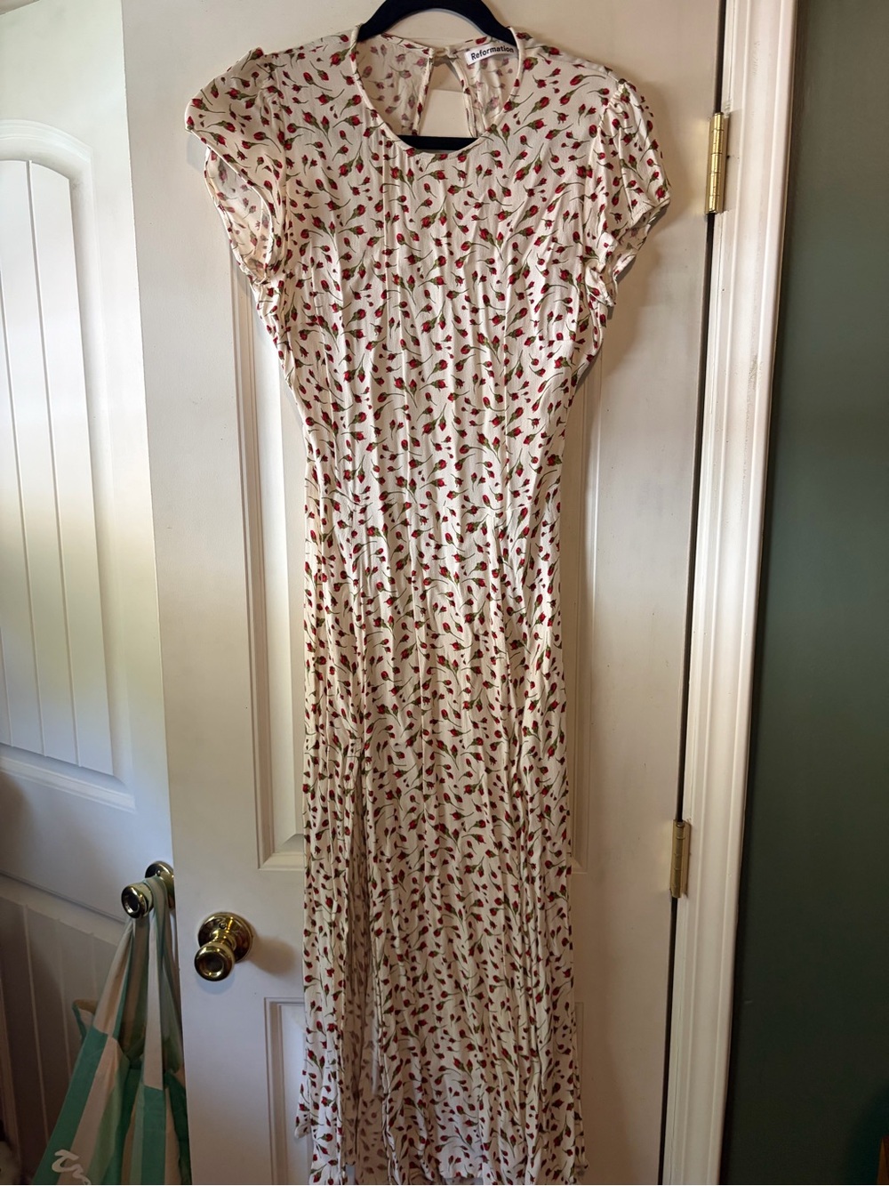 Reformation Cream Midi Dress with Red Floral Print